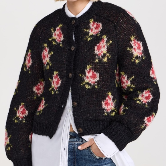 THE GREAT. Sweaters - The Great. Size 2 MEDIUM CAROUSEL Black w/ roses cardigan sweater NEW NWT MINT!!